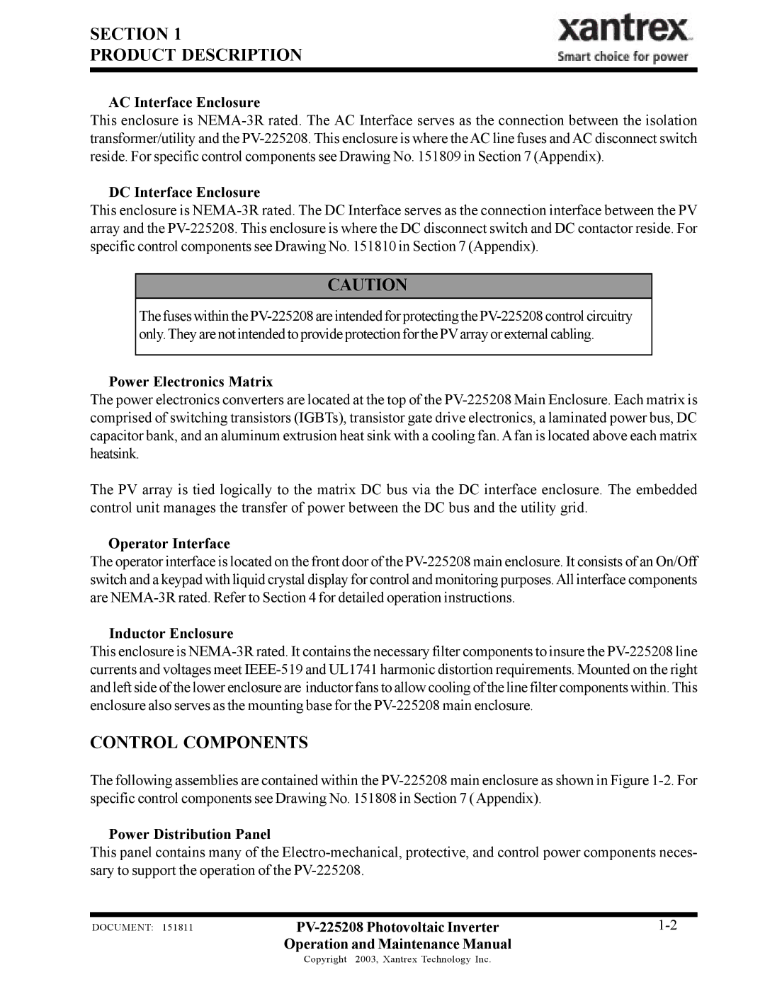 Xantrex Technology PV-225208 important safety instructions Section Product Description, Control Components 