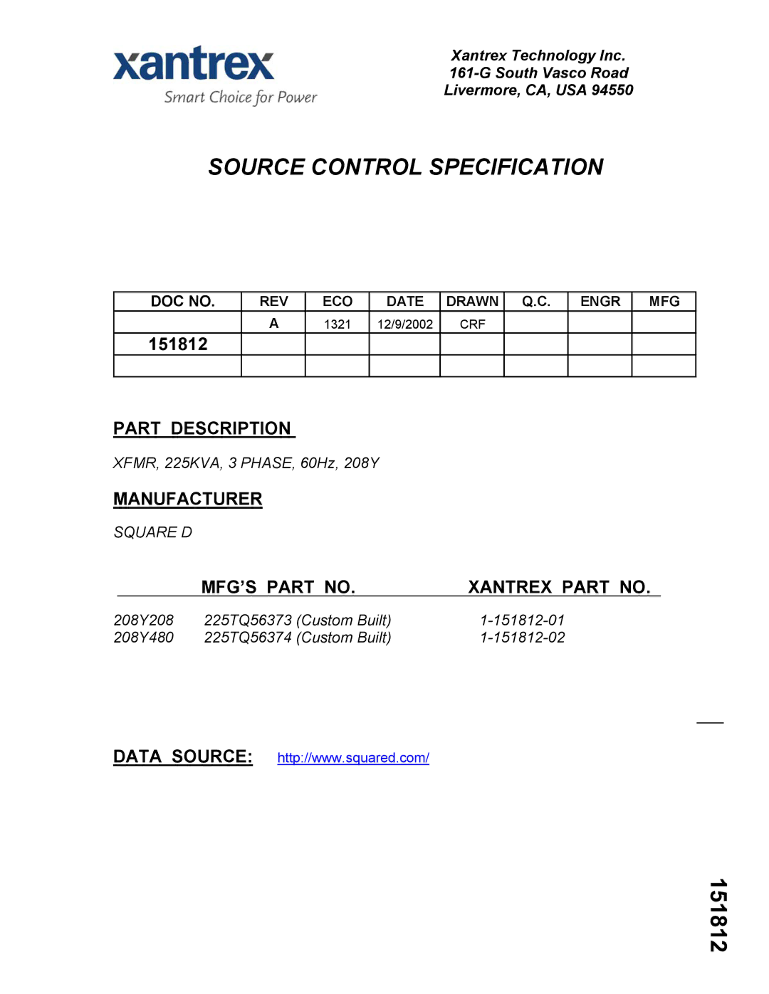 Xantrex Technology PV-225208 important safety instructions Source Control Specification 