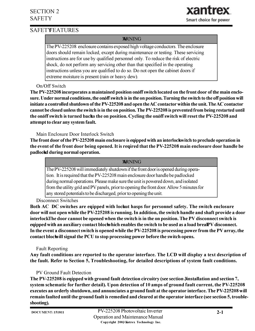 Xantrex Technology PV-225208 Section Safety Safety Features, Main Enclosure Door Interlock Switch, Fault Reporting 