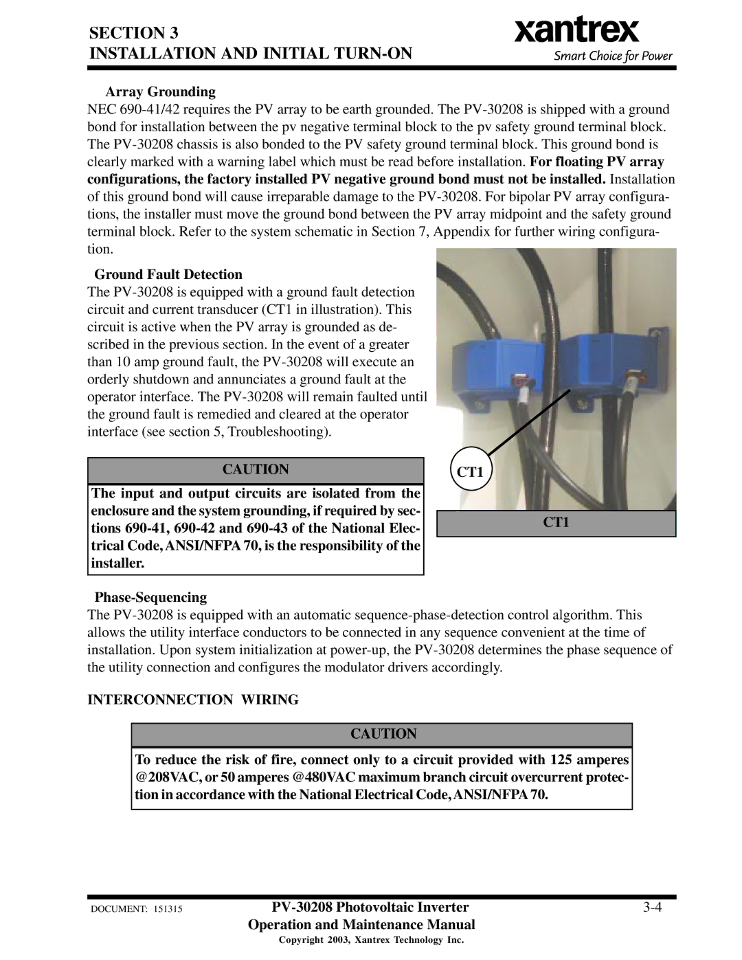 Xantrex Technology PV-30208 important safety instructions Array Grounding, Ground Fault Detection, Phase-Sequencing 