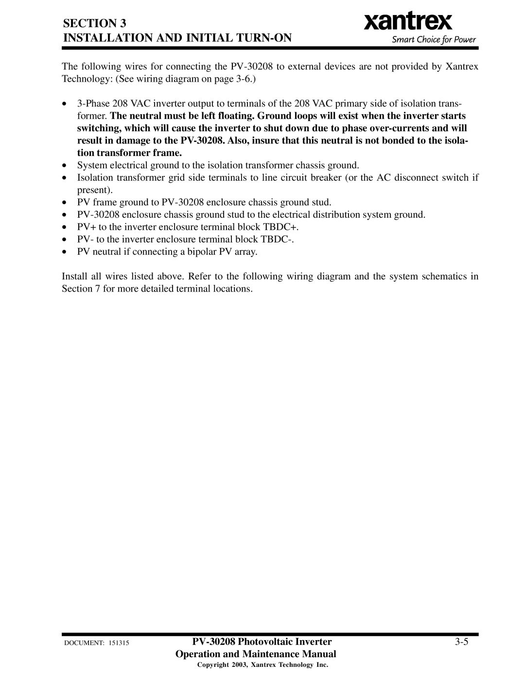 Xantrex Technology PV-30208 important safety instructions Section Installation and Initial TURN-ON 