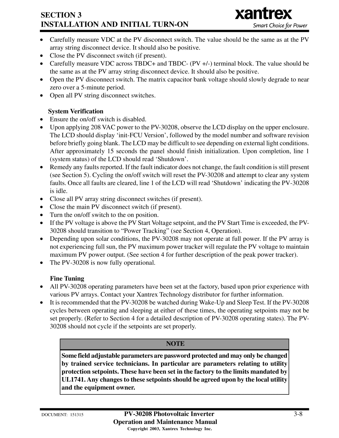 Xantrex Technology PV-30208 important safety instructions System Verification, Fine Tuning 