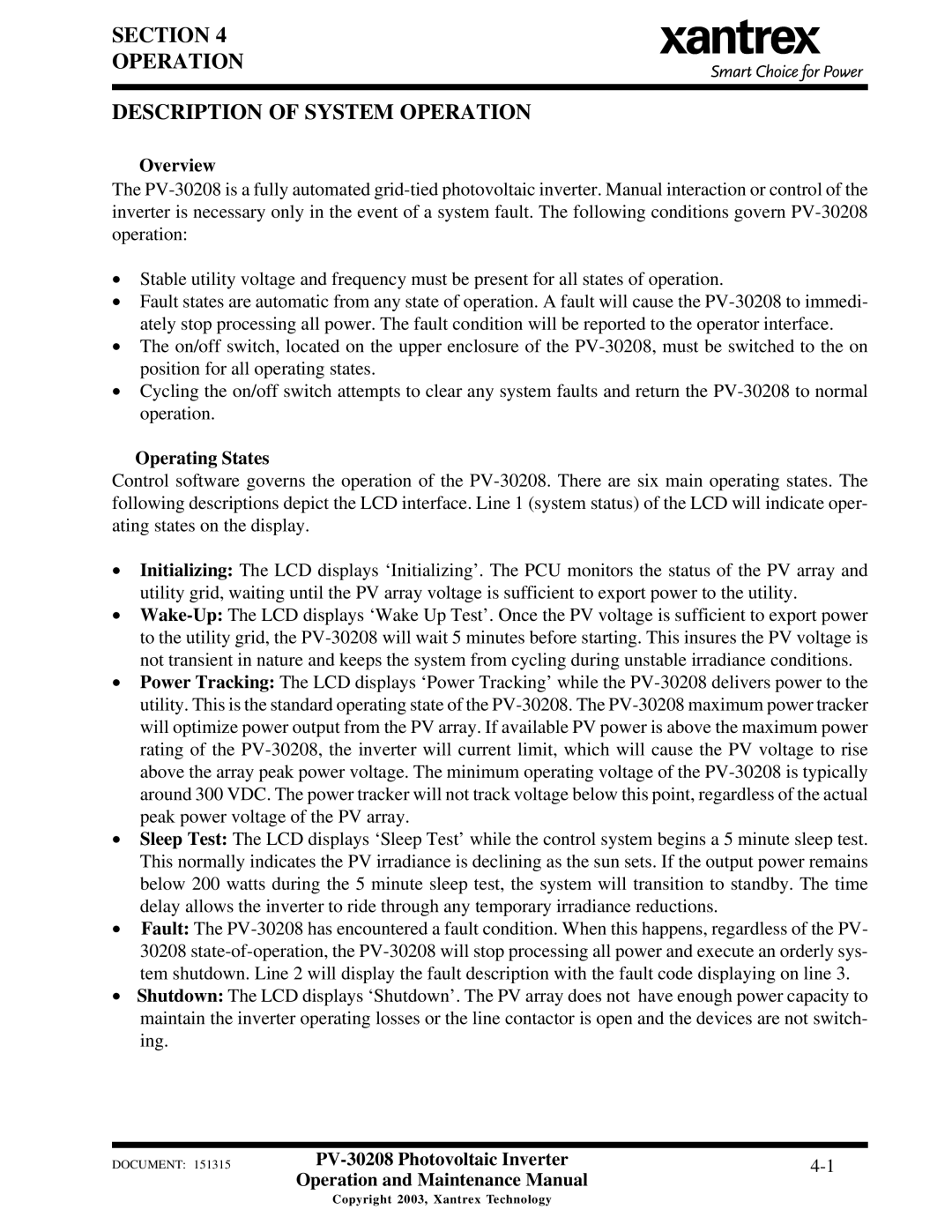 Xantrex Technology PV-30208 Section Operation Description of System Operation, Overview, Operating States 