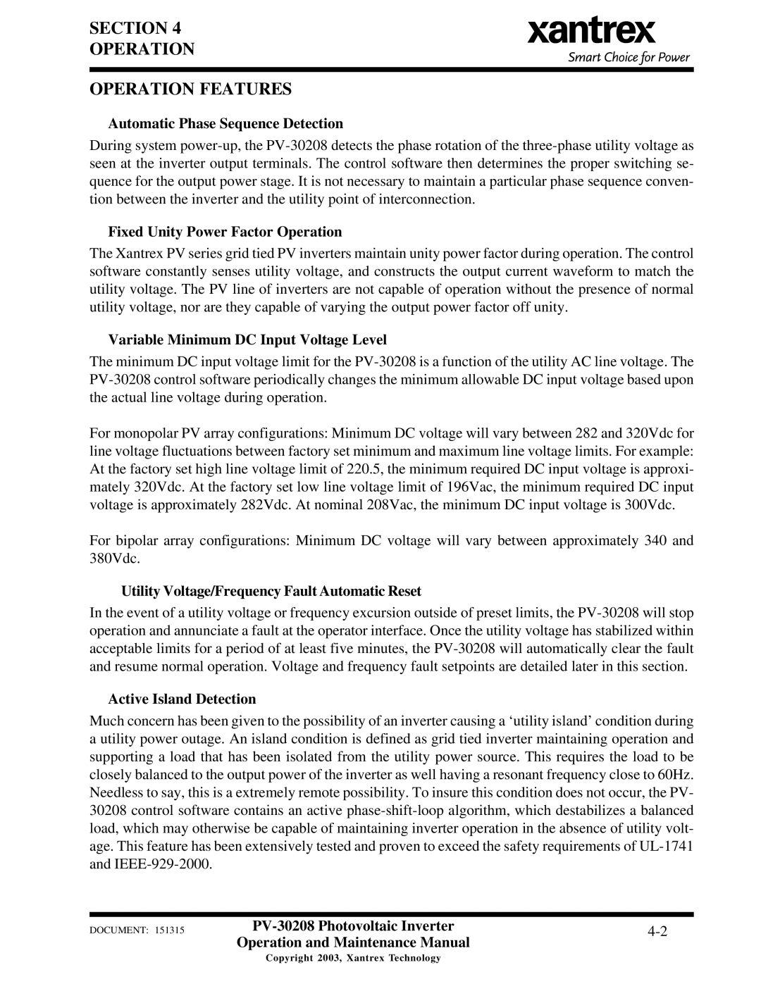 Xantrex Technology PV-30208 important safety instructions Section Operation Operation Features 