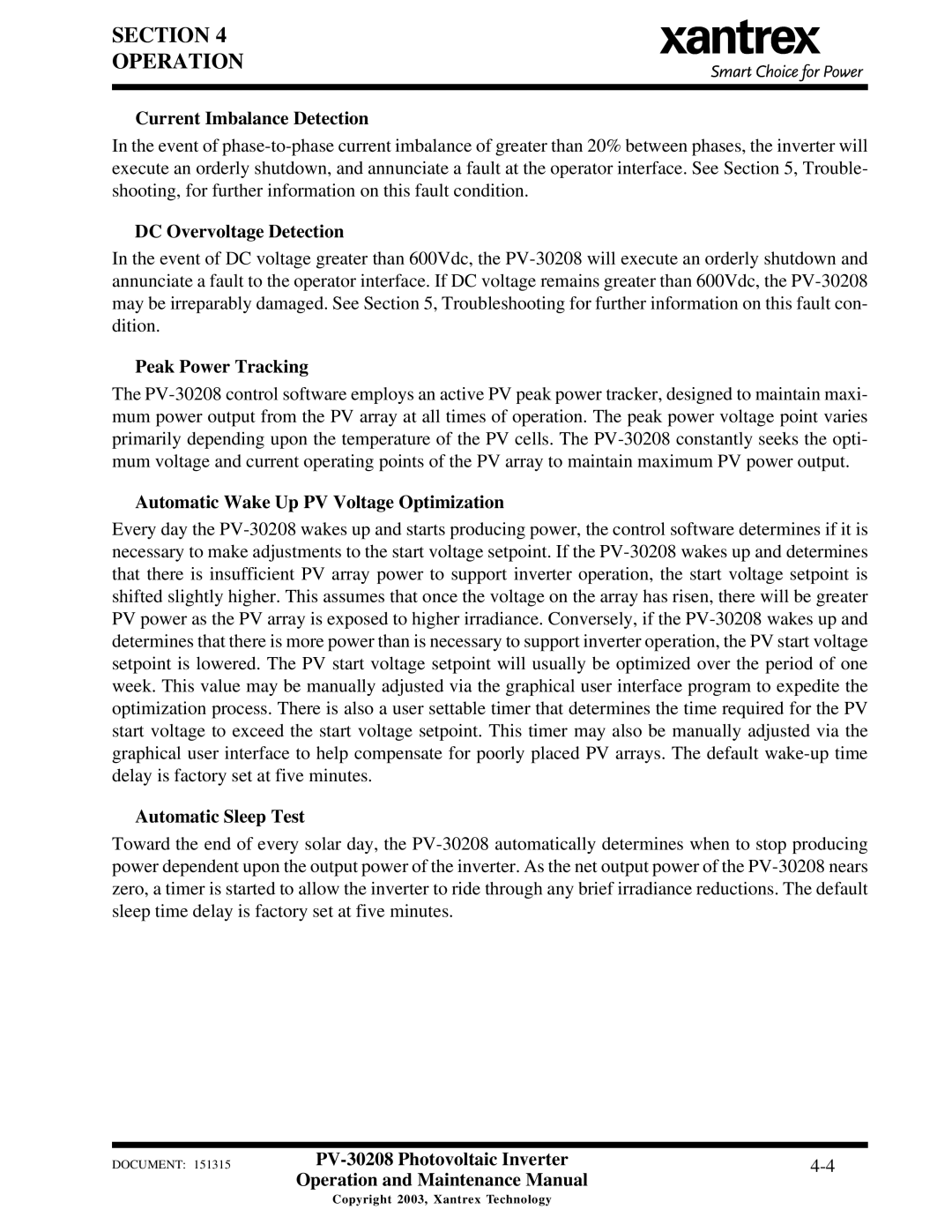 Xantrex Technology PV-30208 Current Imbalance Detection, DC Overvoltage Detection, Peak Power Tracking 