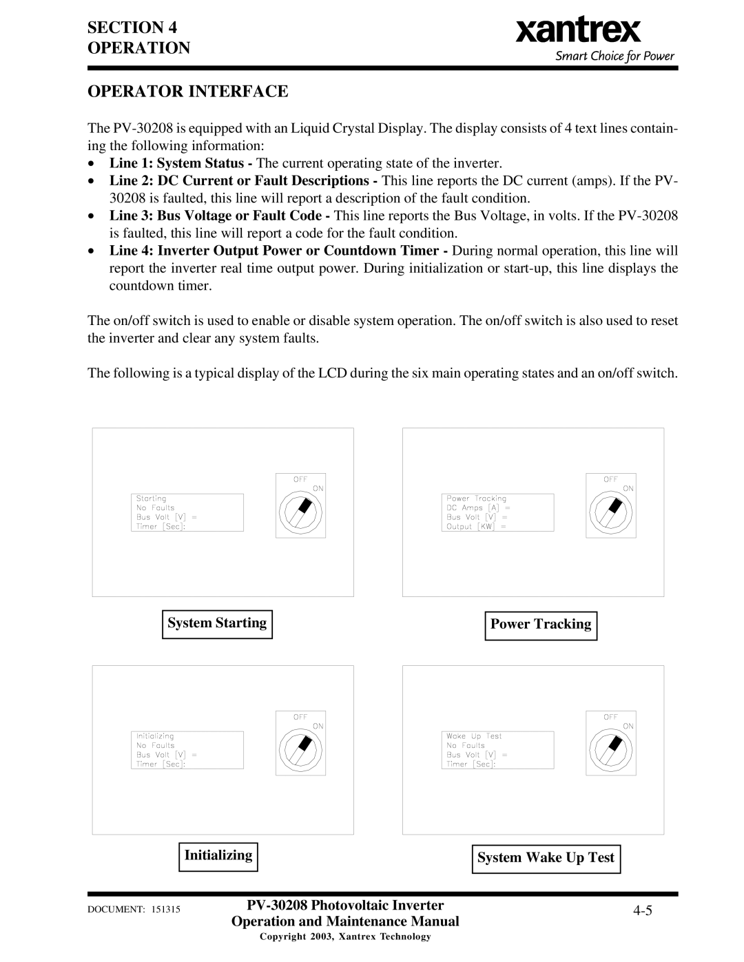 Xantrex Technology PV-30208 important safety instructions Section Operation Operator Interface 