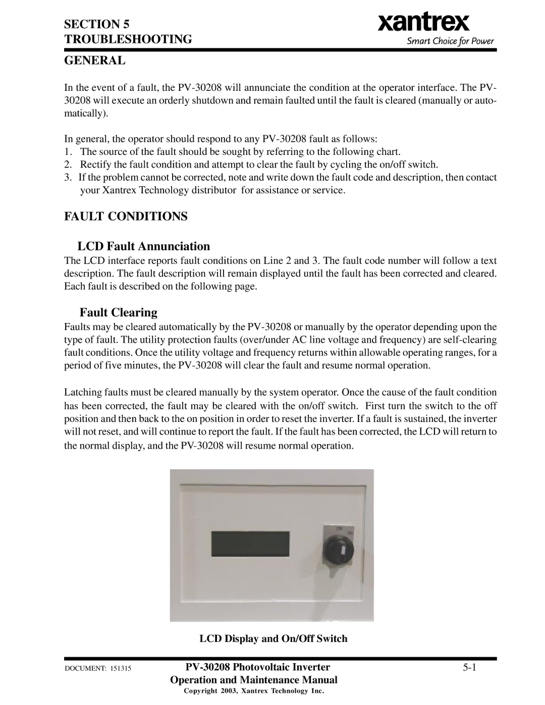 Xantrex Technology PV-30208 important safety instructions Section Troubleshooting General, Fault Conditions 