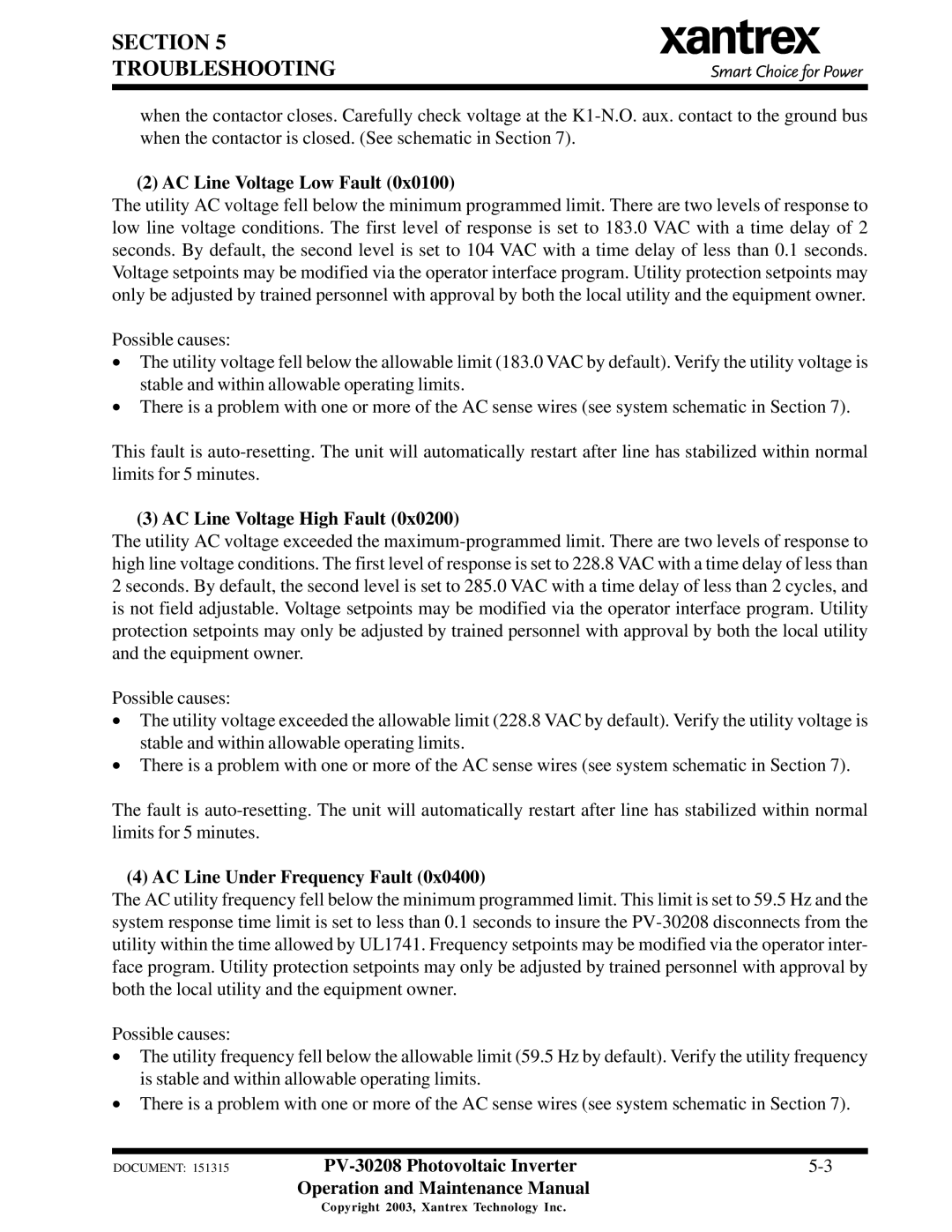 Xantrex Technology PV-30208 Section Troubleshooting, AC Line Voltage Low Fault, AC Line Voltage High Fault 