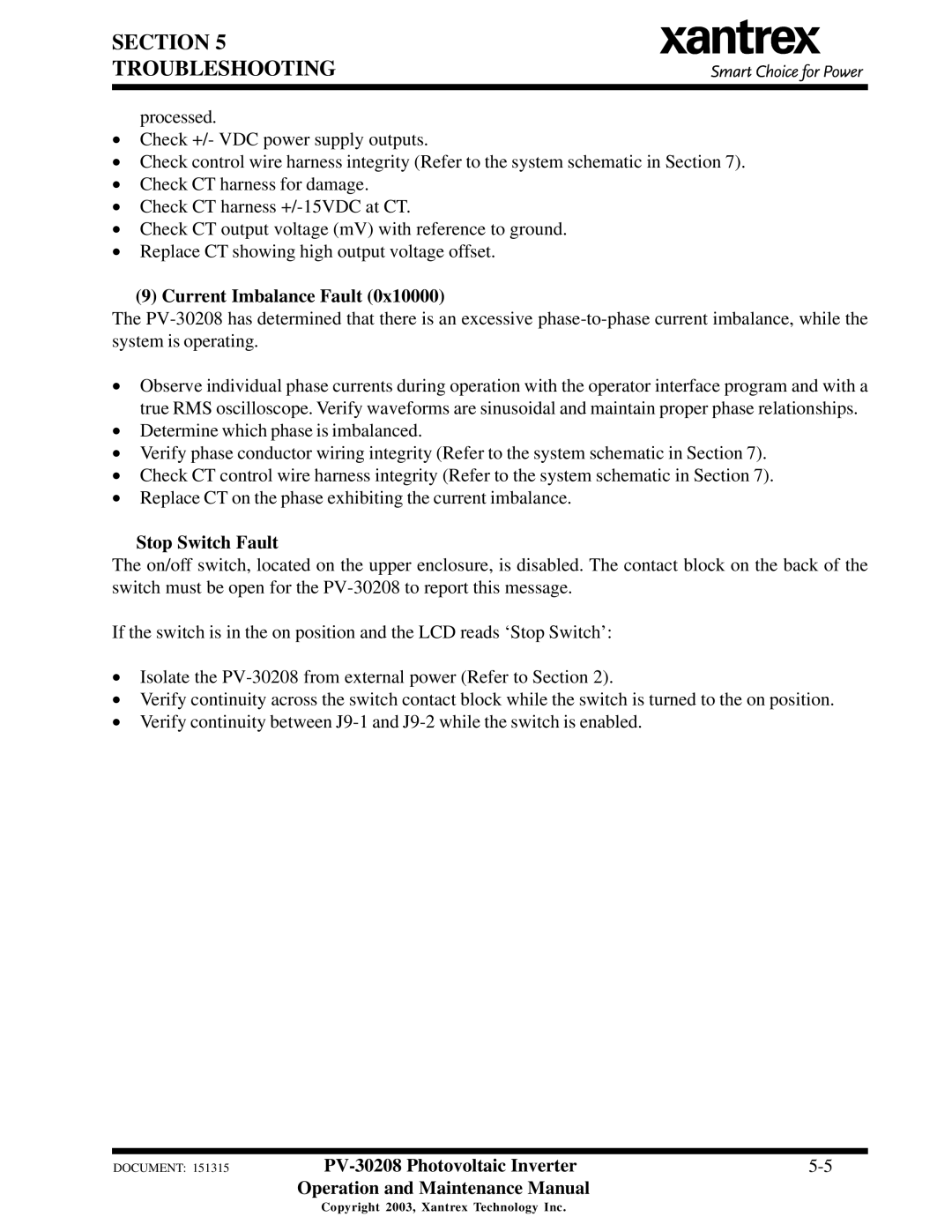 Xantrex Technology PV-30208 important safety instructions Current Imbalance Fault, Stop Switch Fault 