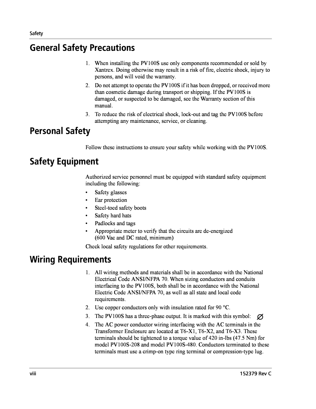Xantrex Technology PV100S-208 manual General Safety Precautions, Personal Safety, Safety Equipment, Wiring Requirements 