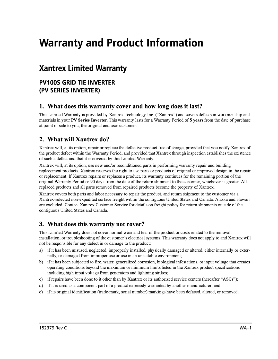 Xantrex Technology PV100S-208 manual Warranty and Product Information, Xantrex Limited Warranty, What will Xantrex do? 