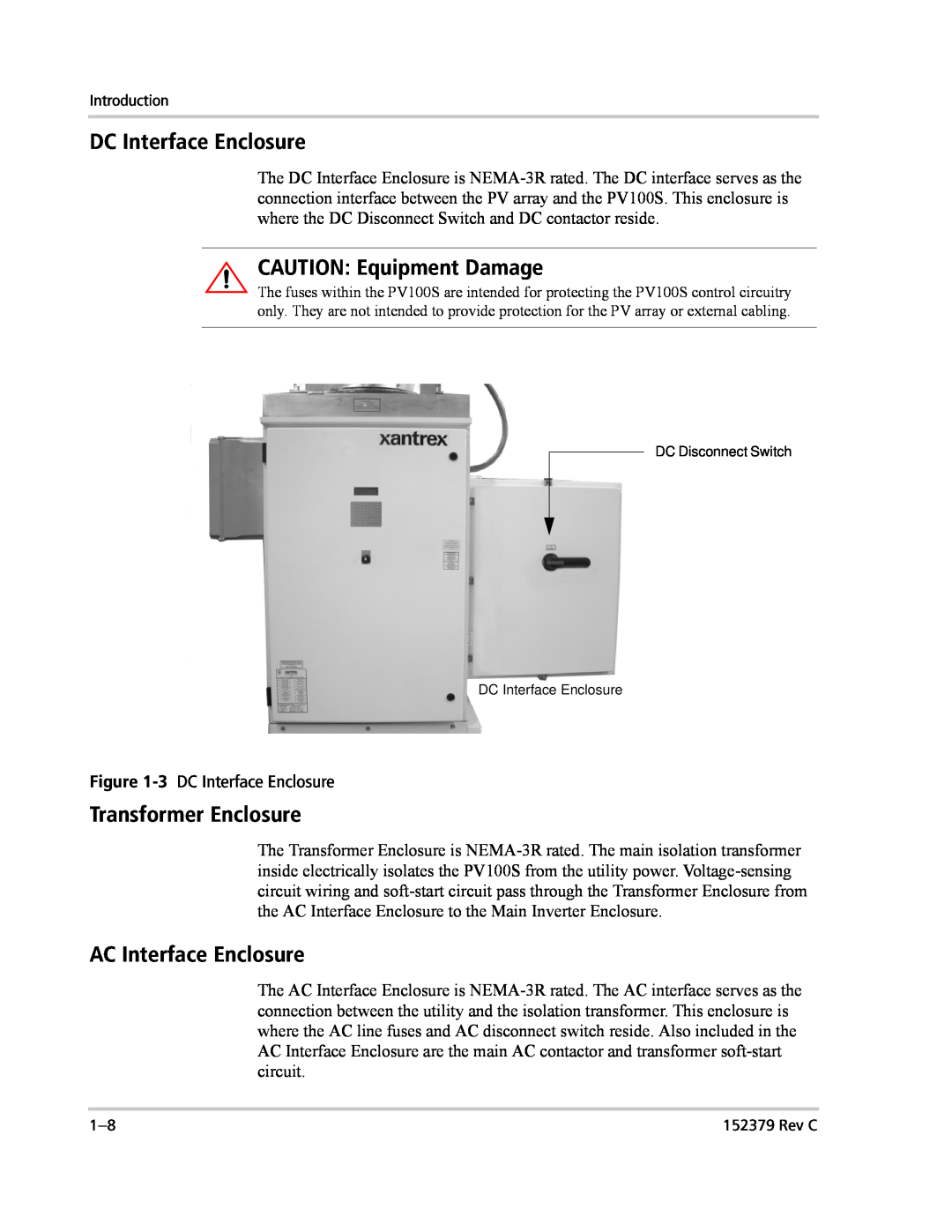 Xantrex Technology PV100S-208 manual DC Interface Enclosure, CAUTION Equipment Damage, Transformer Enclosure 
