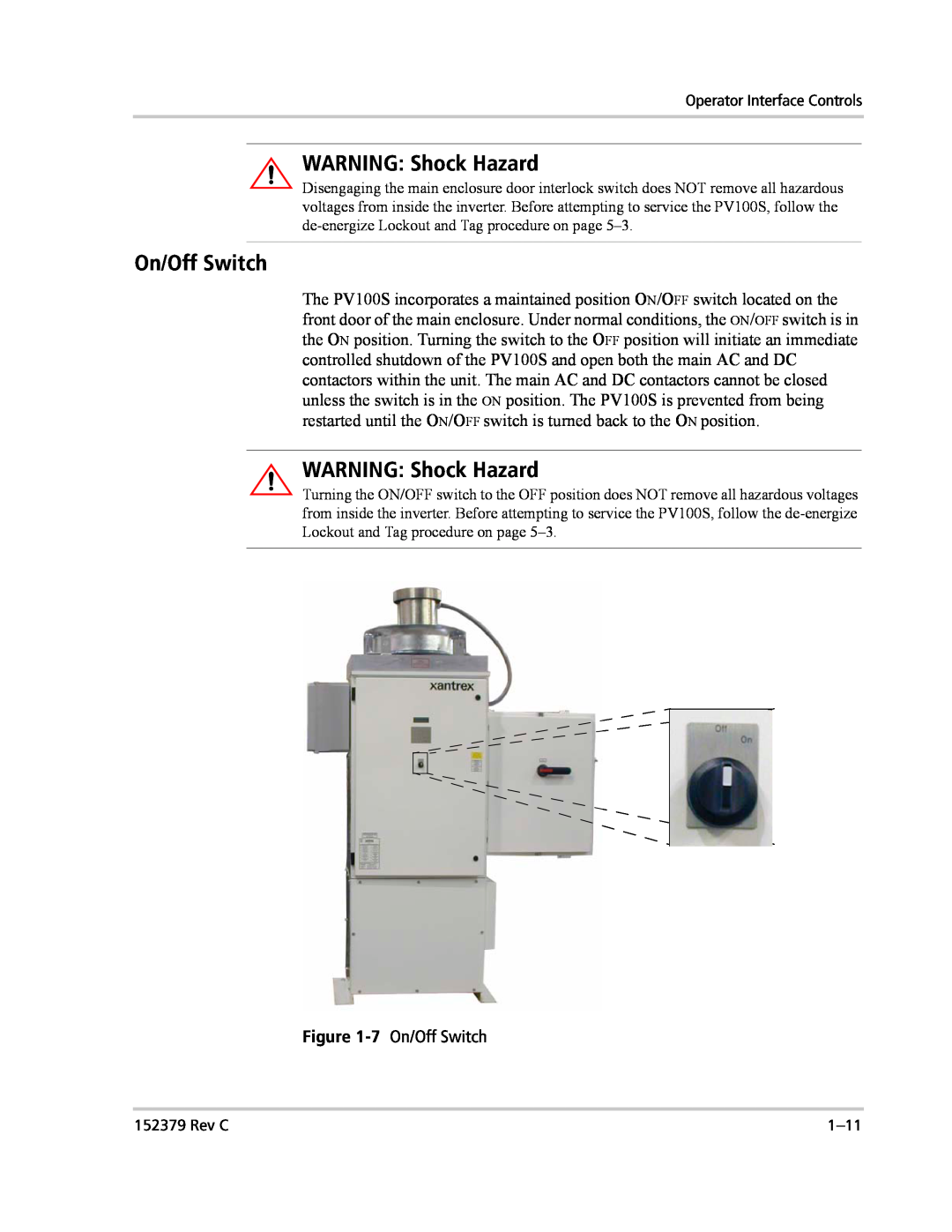 Xantrex Technology PV100S-208 manual 7 On/Off Switch, WARNING Shock Hazard 
