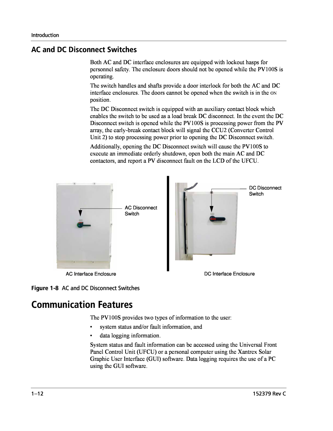 Xantrex Technology PV100S-208 manual Communication Features, AC and DC Disconnect Switches 