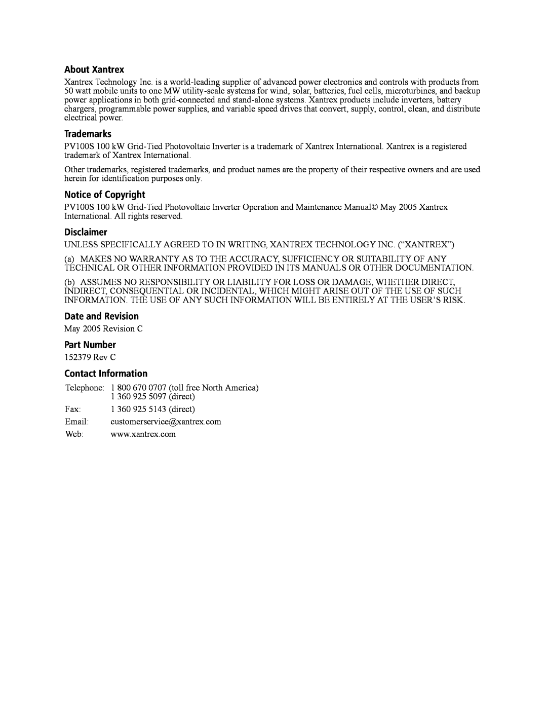 Xantrex Technology PV100S-208 About Xantrex, Trademarks, Notice of Copyright, Disclaimer, Date and Revision, Part Number 