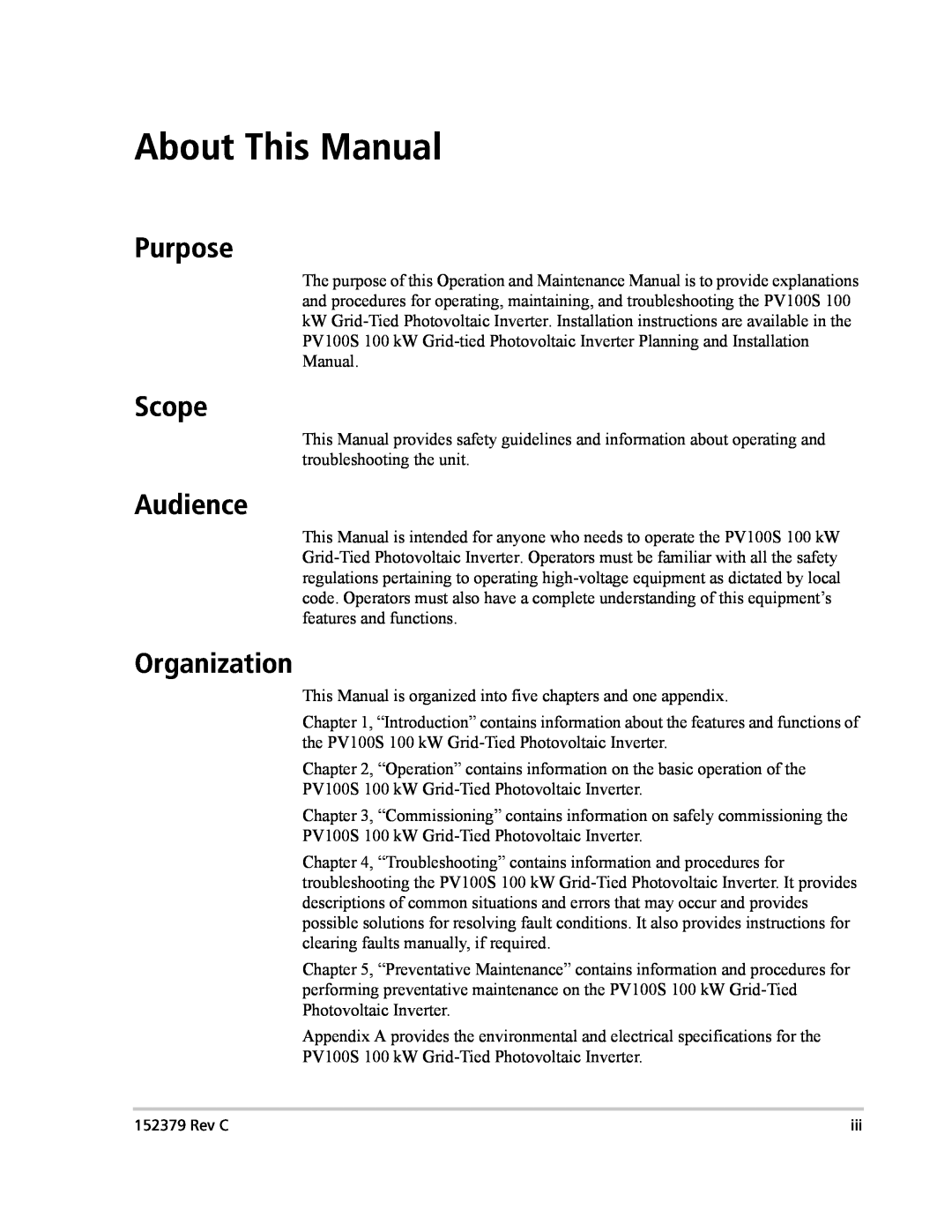 Xantrex Technology PV100S-208 manual About This Manual, Purpose, Scope, Audience, Organization 