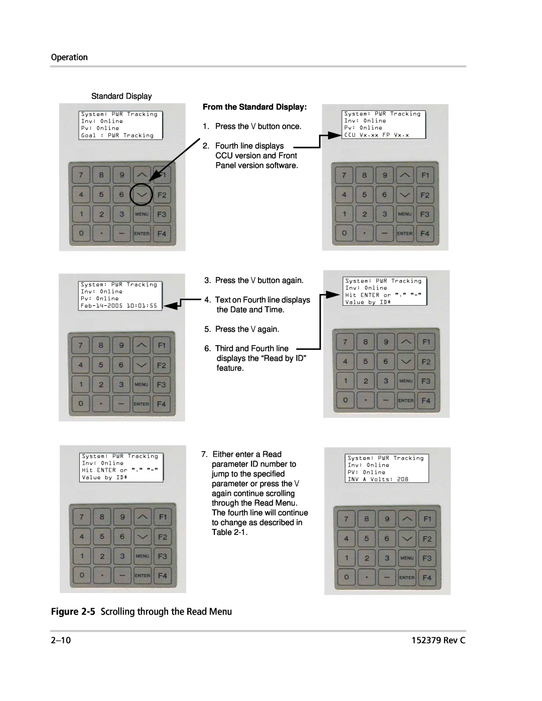 Xantrex Technology PV100S-208 manual 5 Scrolling through the Read Menu, Operation, 2-10, Rev C, From the Standard Display 