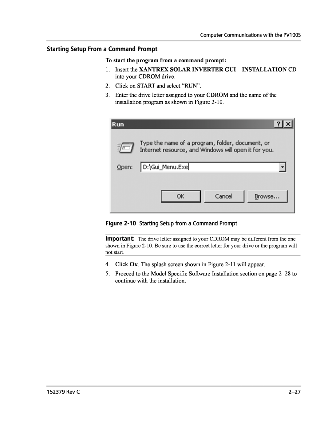 Xantrex Technology PV100S-208 manual Starting Setup From a Command Prompt 