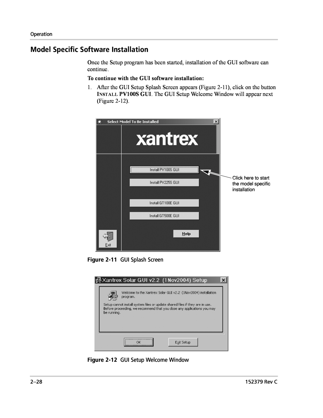 Xantrex Technology PV100S-208 manual Model Specific Software Installation, To continue with the GUI software installation 