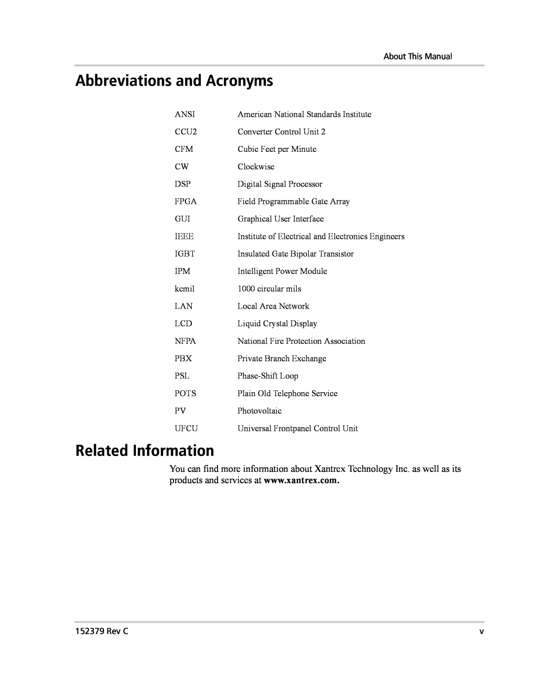 Xantrex Technology PV100S-208 manual Abbreviations and Acronyms, Related Information 