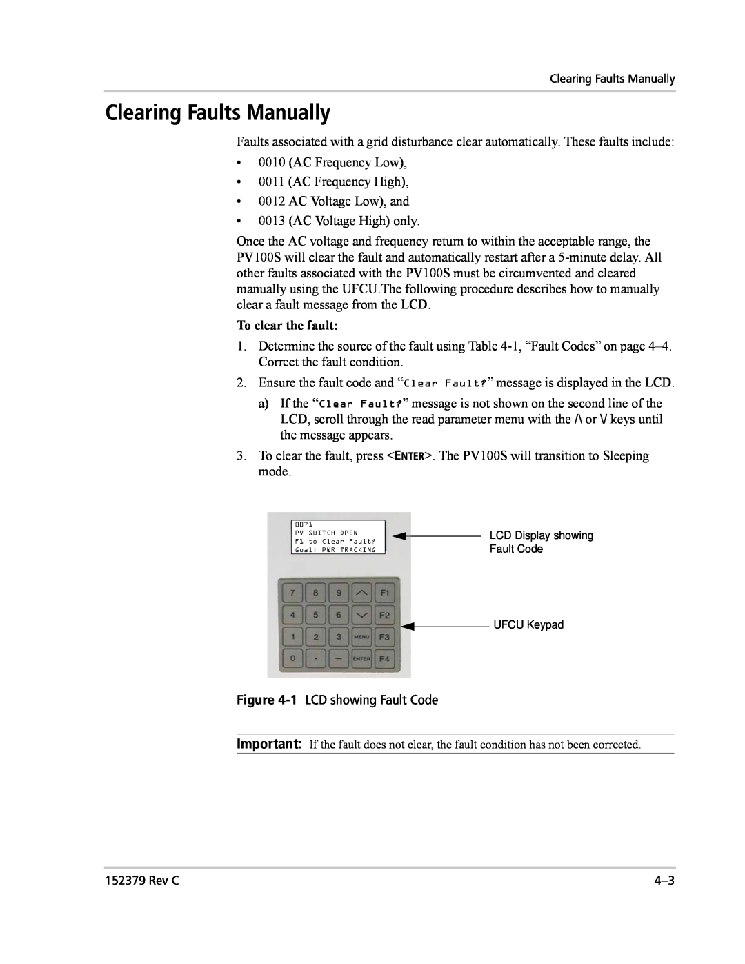 Xantrex Technology PV100S-208 manual Clearing Faults Manually 