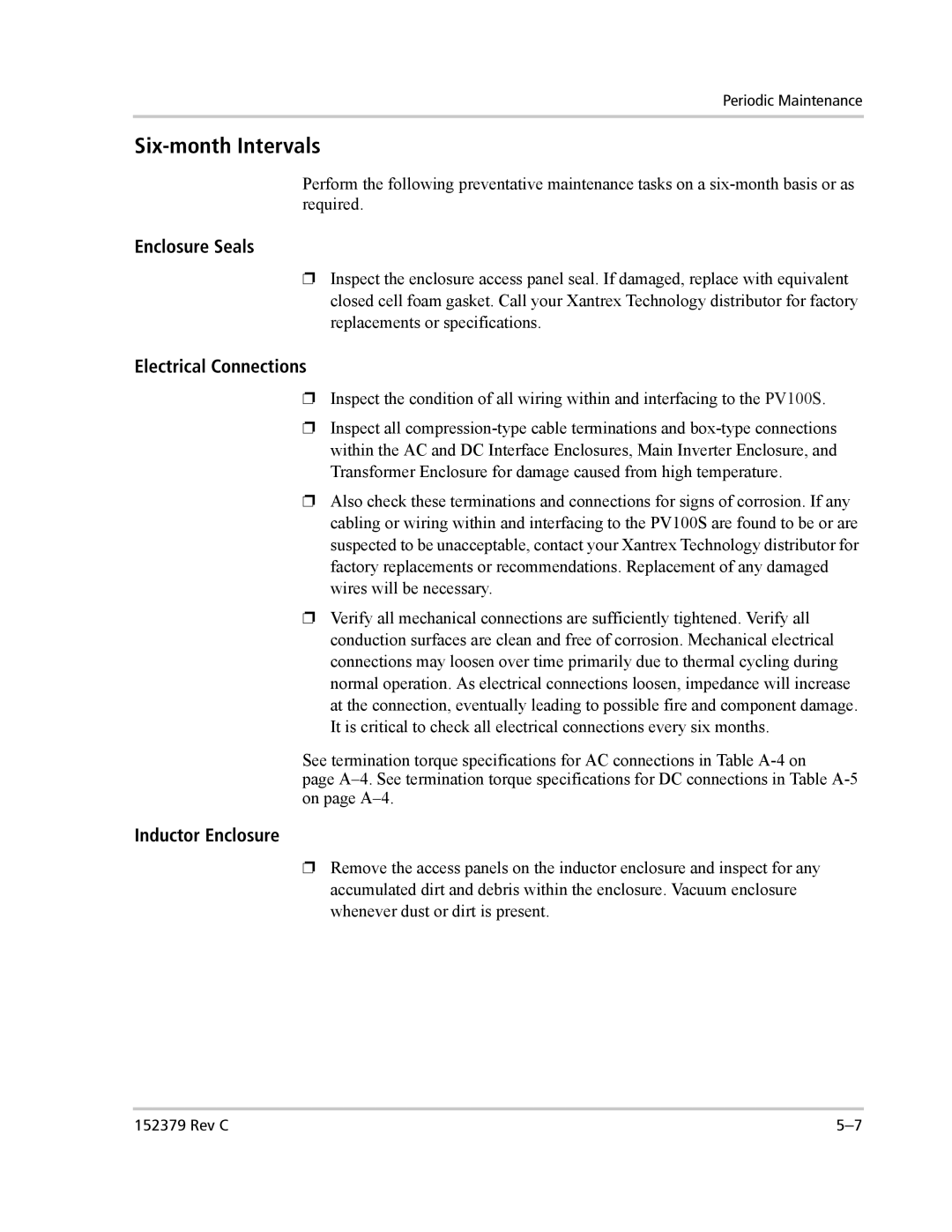 Xantrex Technology PV100S-208 manual Six-month Intervals, Enclosure Seals, Electrical Connections, Inductor Enclosure 