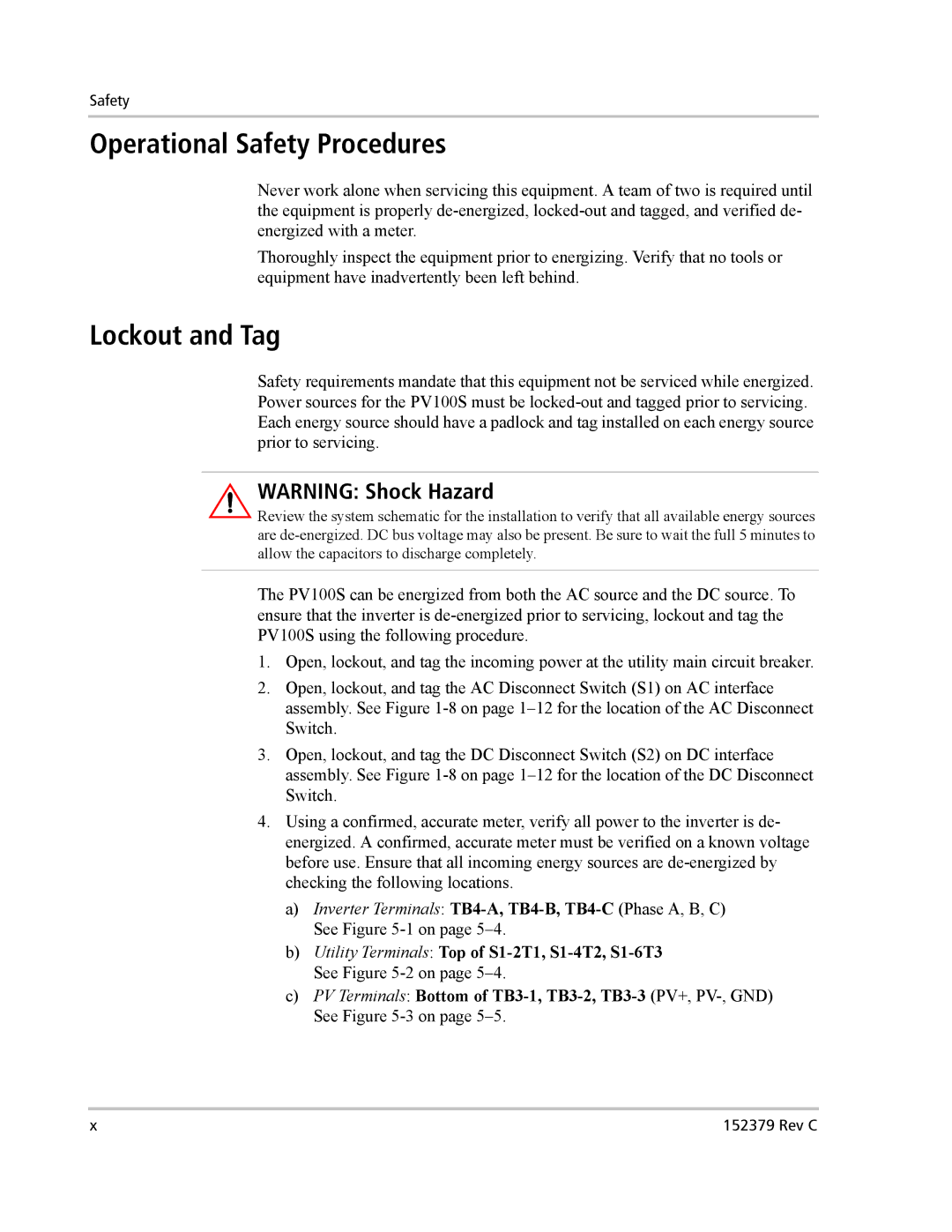 Xantrex Technology PV100S-208 manual Operational Safety Procedures, Lockout and Tag 