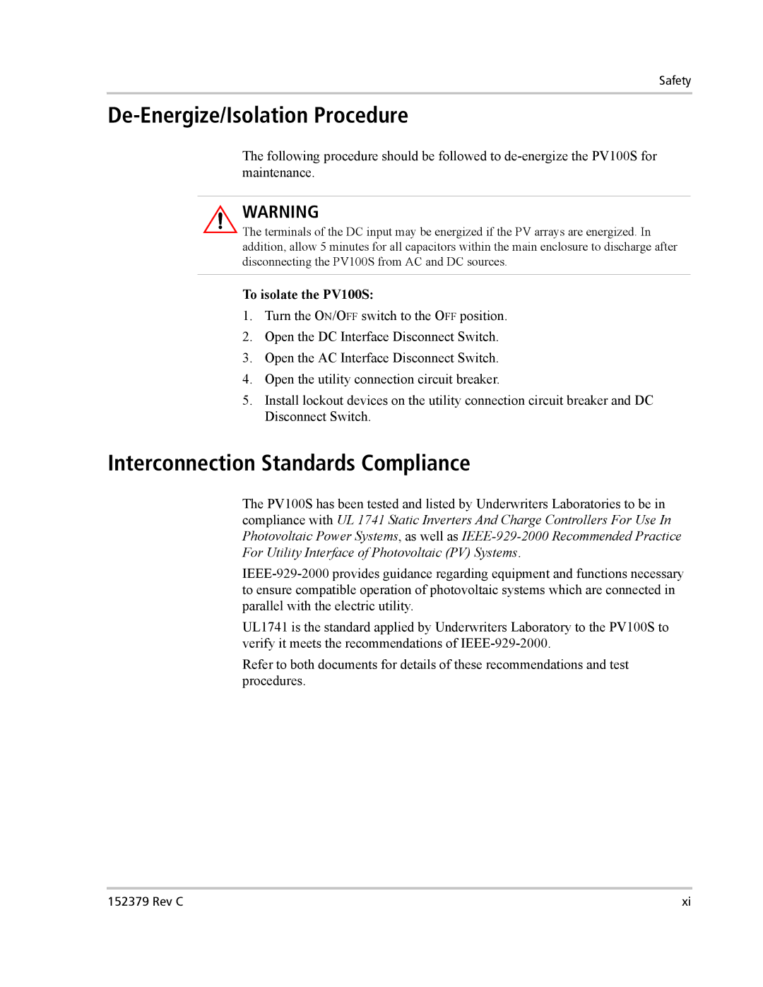 Xantrex Technology PV100S-208 De-Energize/Isolation Procedure, Interconnection Standards Compliance, To isolate the PV100S 