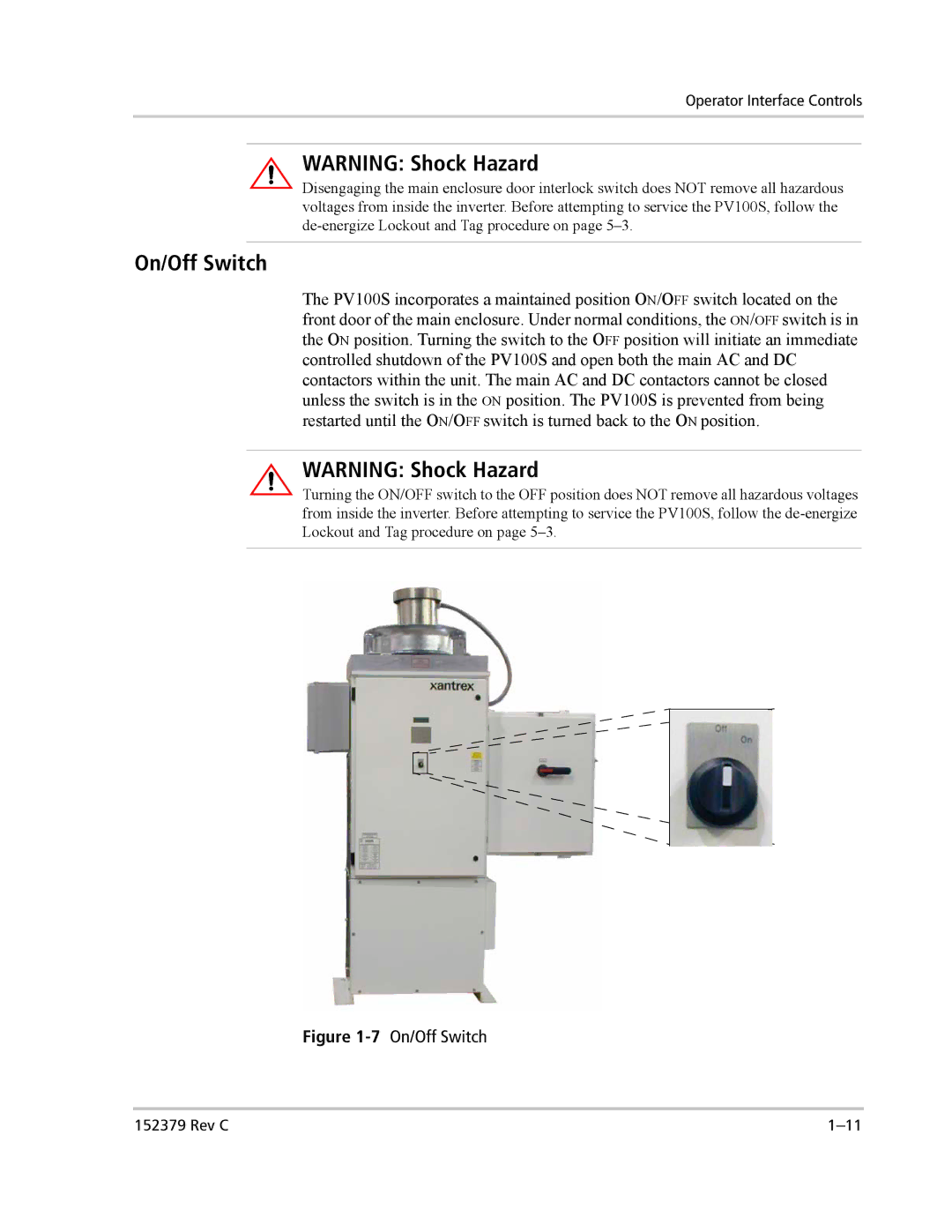 Xantrex Technology PV100S-208 manual On/Off Switch, Operator Interface Controls 