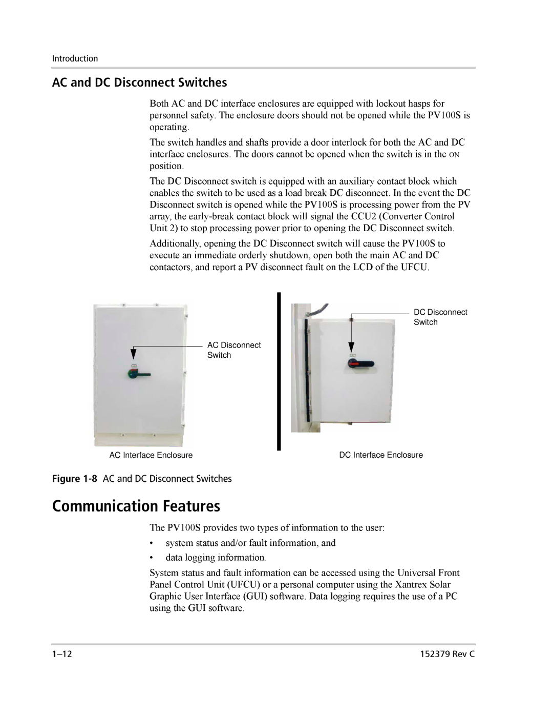 Xantrex Technology PV100S-208 manual Communication Features, AC and DC Disconnect Switches 