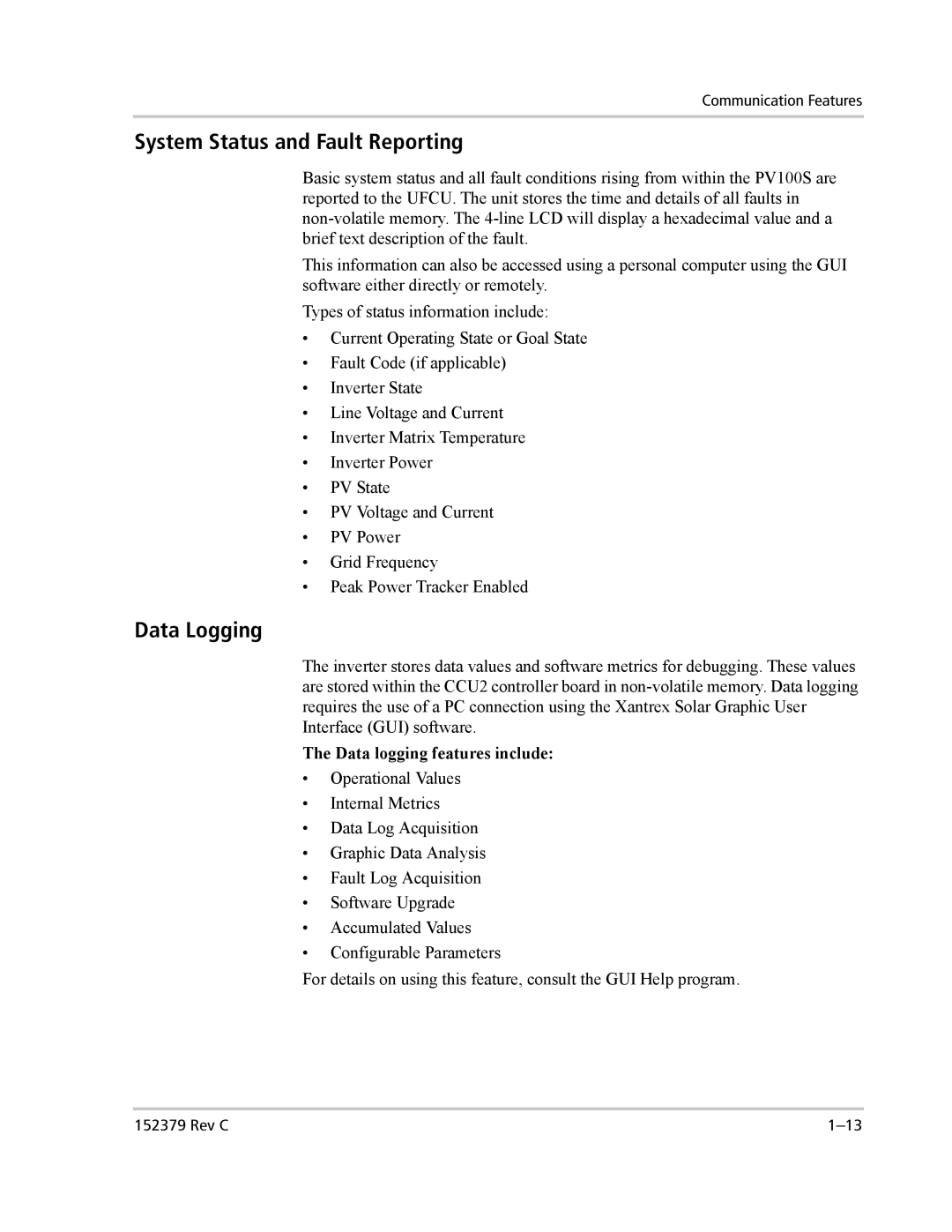 Xantrex Technology PV100S-208 manual System Status and Fault Reporting, Data Logging, Data logging features include 