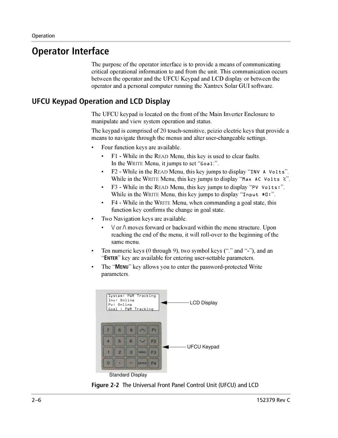 Xantrex Technology PV100S-208 manual Operator Interface, Ufcu Keypad Operation and LCD Display 