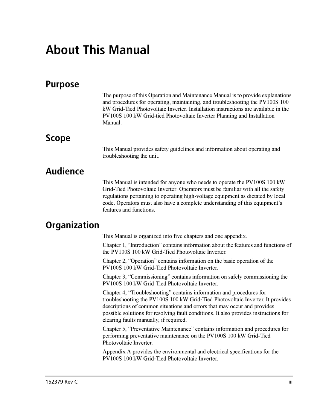 Xantrex Technology PV100S-208 manual Purpose, Scope, Audience, Organization 