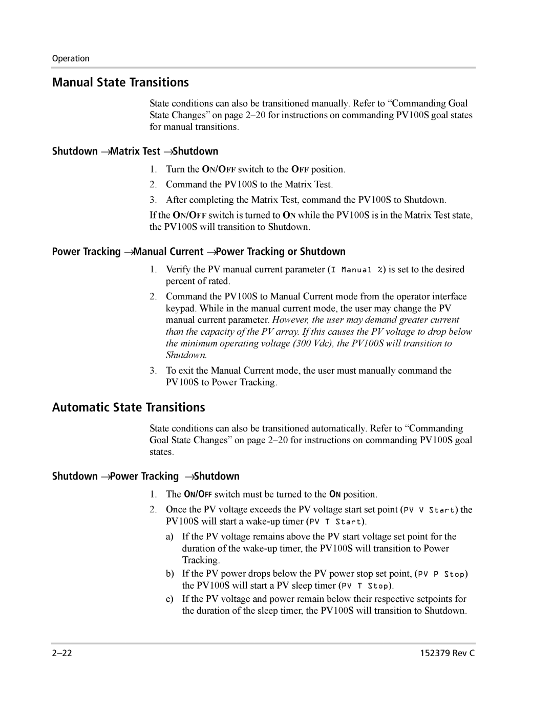 Xantrex Technology PV100S-208 Manual State Transitions, Automatic State Transitions, Shutdown → Matrix Test → Shutdown 