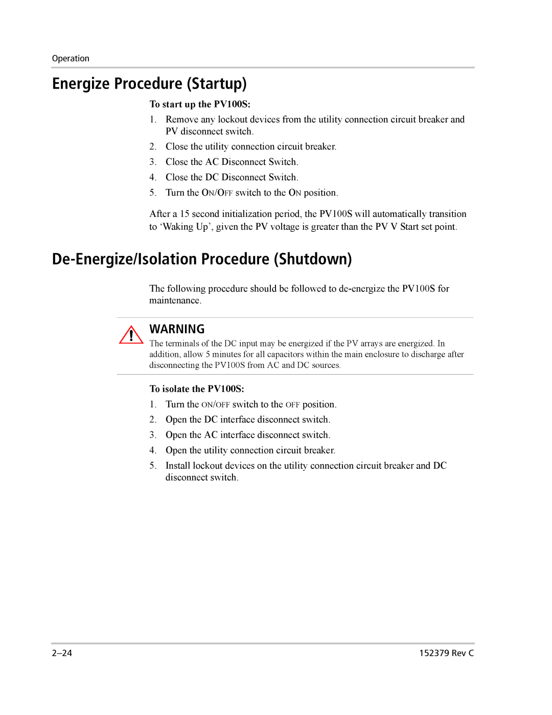 Xantrex Technology PV100S-208 Energize Procedure Startup, De-Energize/Isolation Procedure Shutdown, To start up the PV100S 