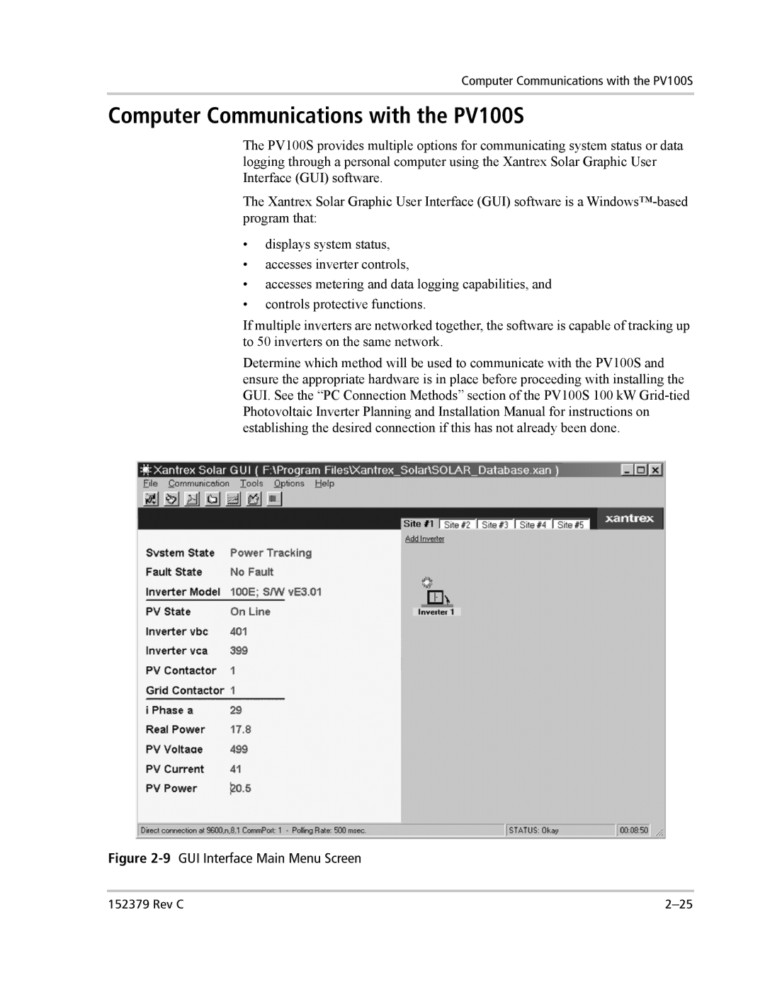 Xantrex Technology PV100S-208 manual Computer Communications with the PV100S, 9GUI Interface Main Menu Screen 