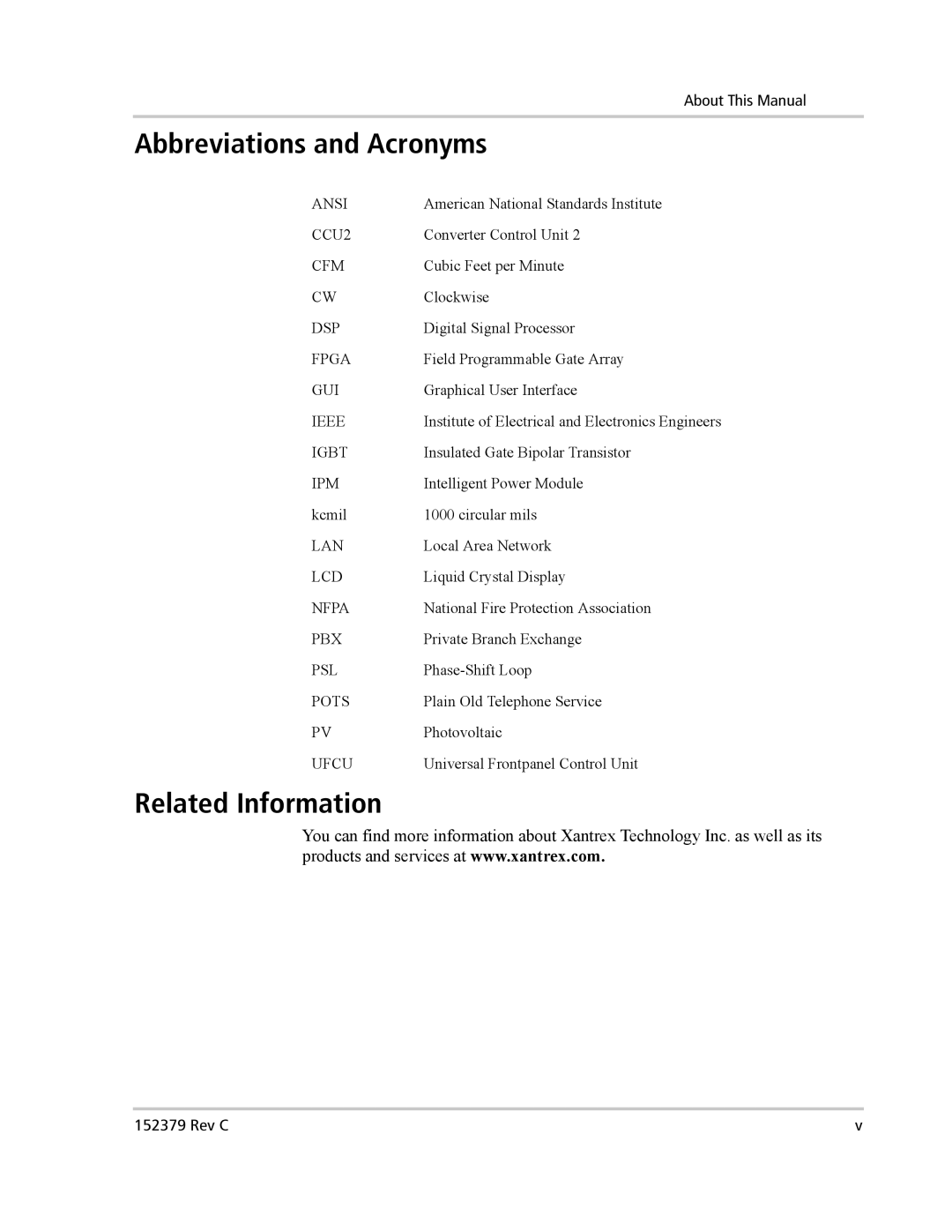 Xantrex Technology PV100S-208 manual Abbreviations and Acronyms, Related Information 