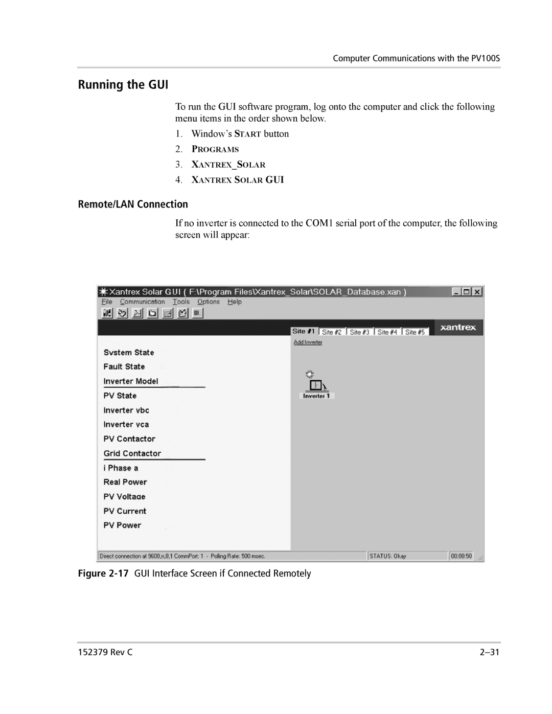 Xantrex Technology PV100S-208 manual Running the GUI, Remote/LAN Connection 