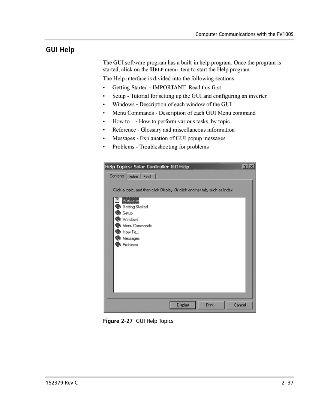 Xantrex Technology PV100S-208 manual 27GUI Help Topics 