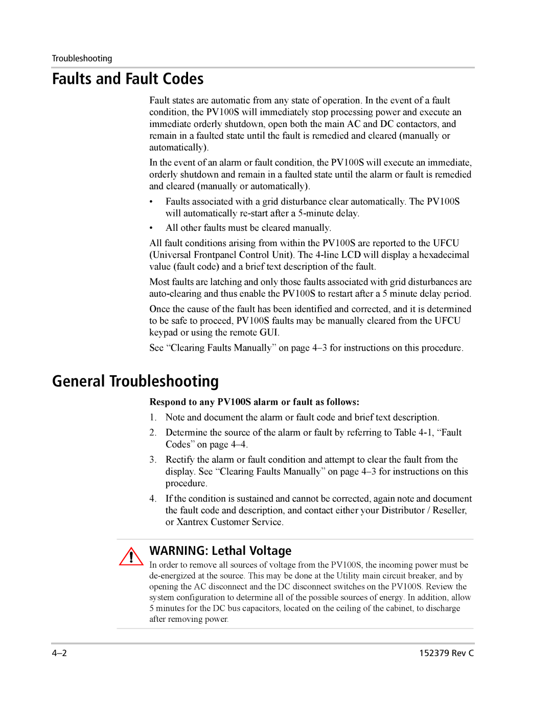 Xantrex Technology PV100S-208 manual Faults and Fault Codes, General Troubleshooting 