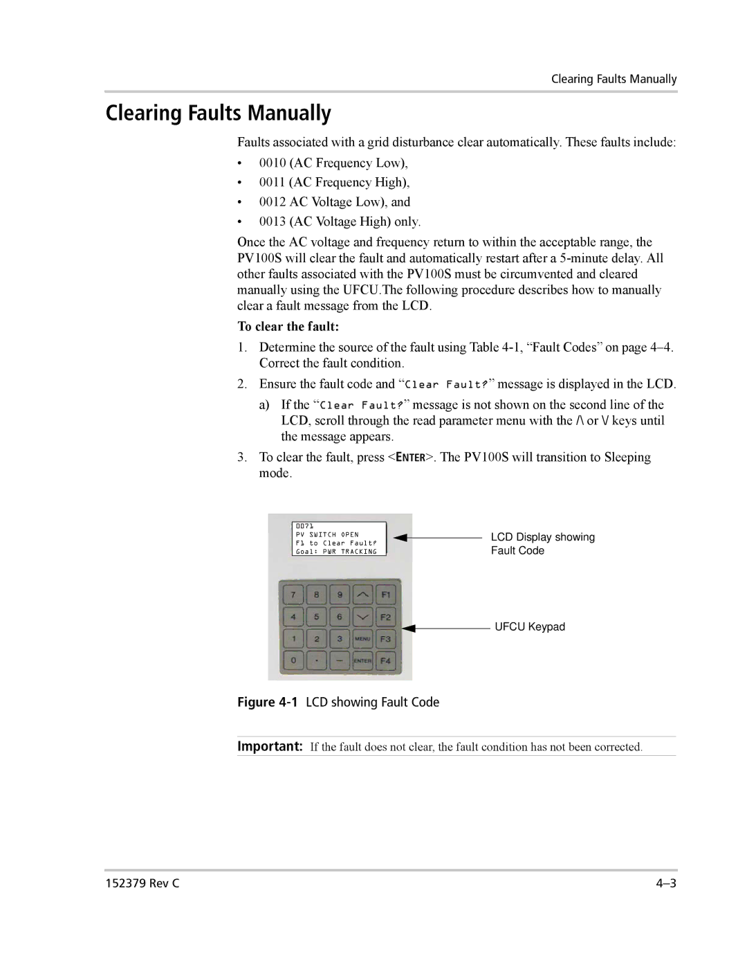 Xantrex Technology PV100S-208 manual Clearing Faults Manually, 1LCD showing Fault Code 