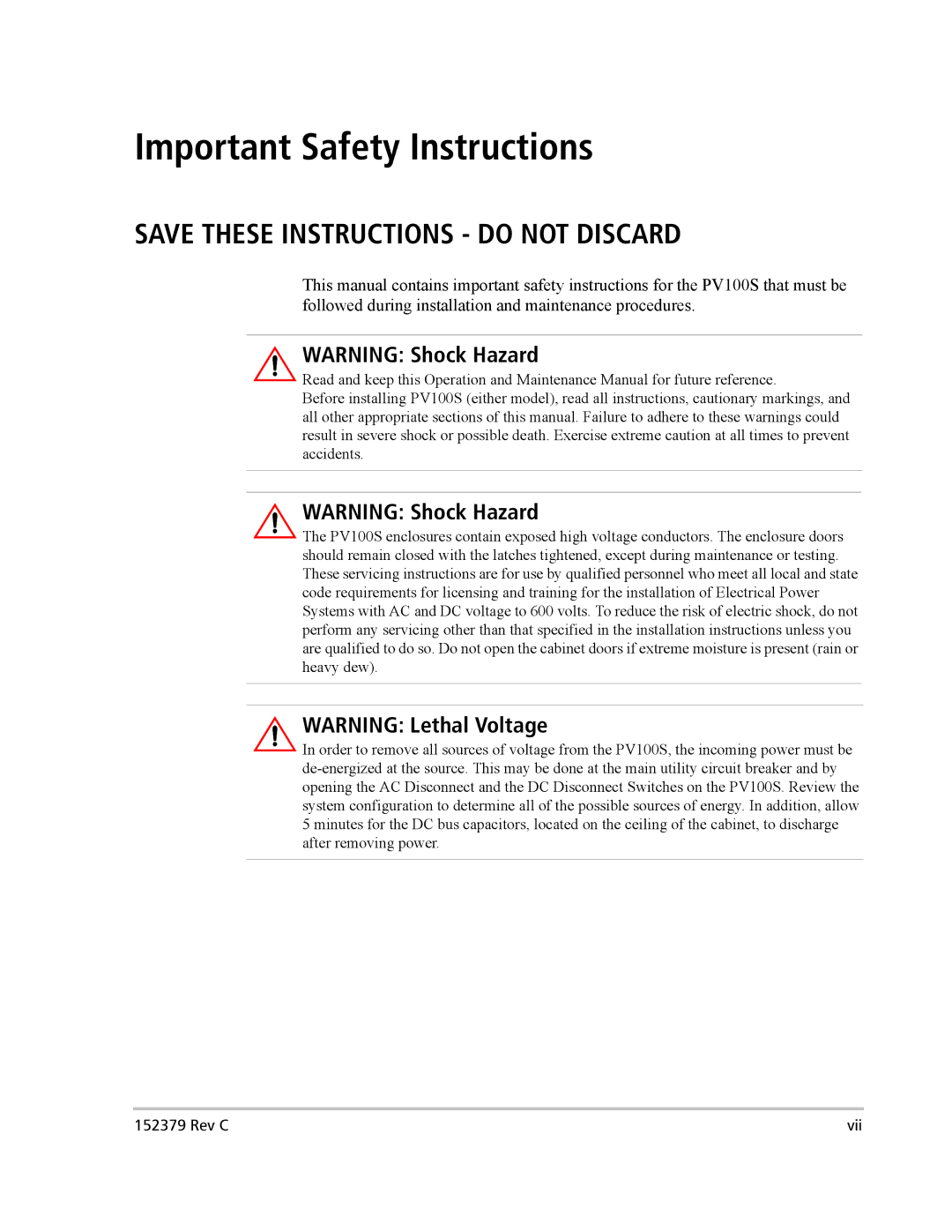 Xantrex Technology PV100S-208 manual Important Safety Instructions 