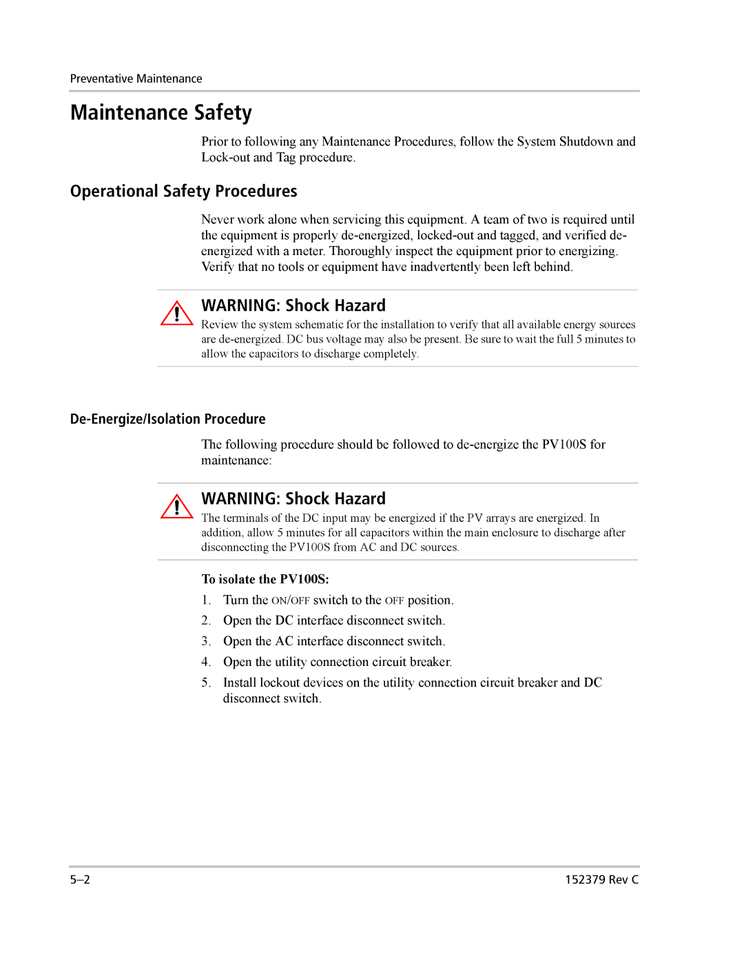 Xantrex Technology PV100S-208 manual Maintenance Safety, Operational Safety Procedures, De-Energize/Isolation Procedure 