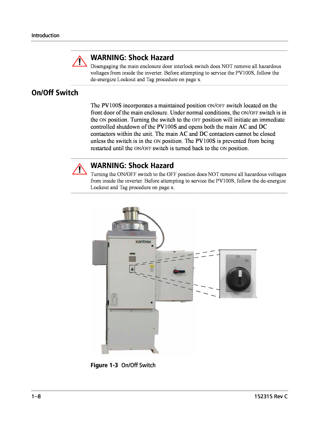 Xantrex Technology PV100S-480 installation manual WARNING Shock Hazard, 3 On/Off Switch 