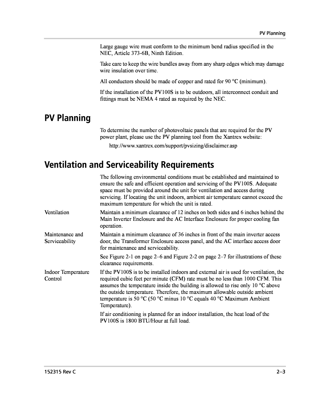Xantrex Technology PV100S-480 installation manual PV Planning, Ventilation and Serviceability Requirements 