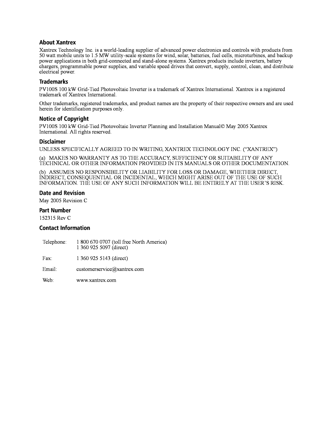 Xantrex Technology PV100S-480 About Xantrex, Trademarks, Notice of Copyright, Disclaimer, Date and Revision, Part Number 