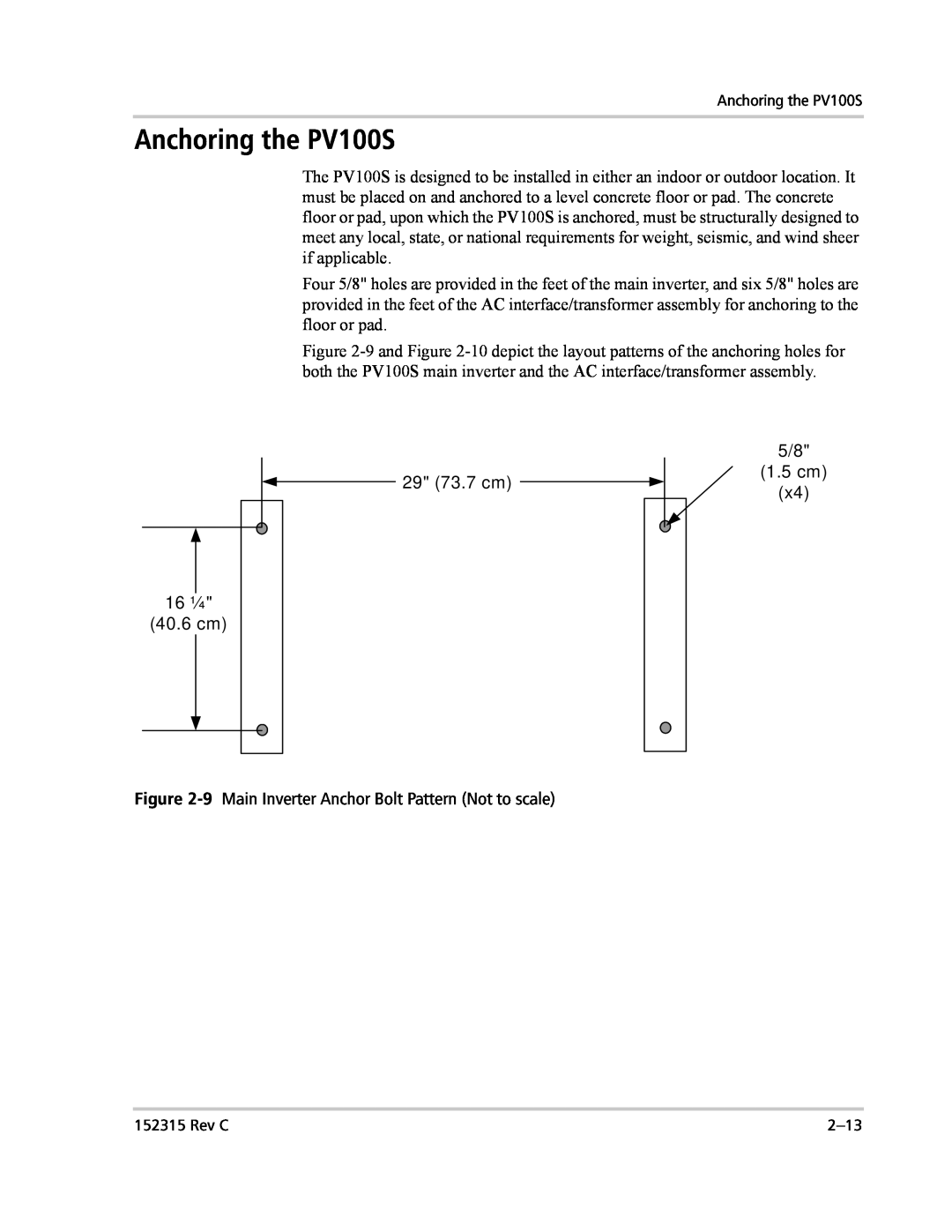 Xantrex Technology PV100S-480 installation manual Anchoring the PV100S, 29 73.7 cm, 5/8 1.5 cm x4, 16 ¼ 40.6 cm 