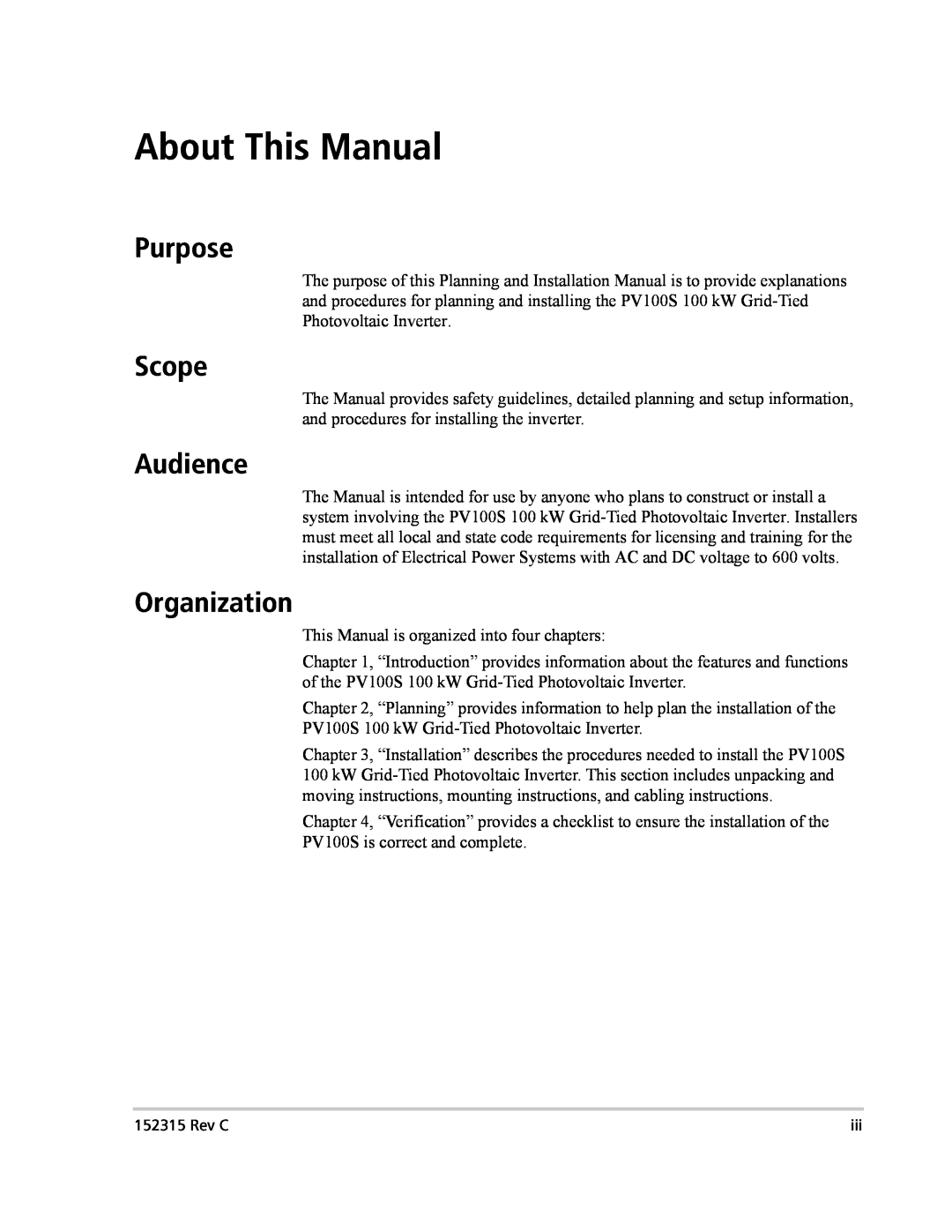 Xantrex Technology PV100S-480 installation manual About This Manual, Purpose, Scope, Audience, Organization 