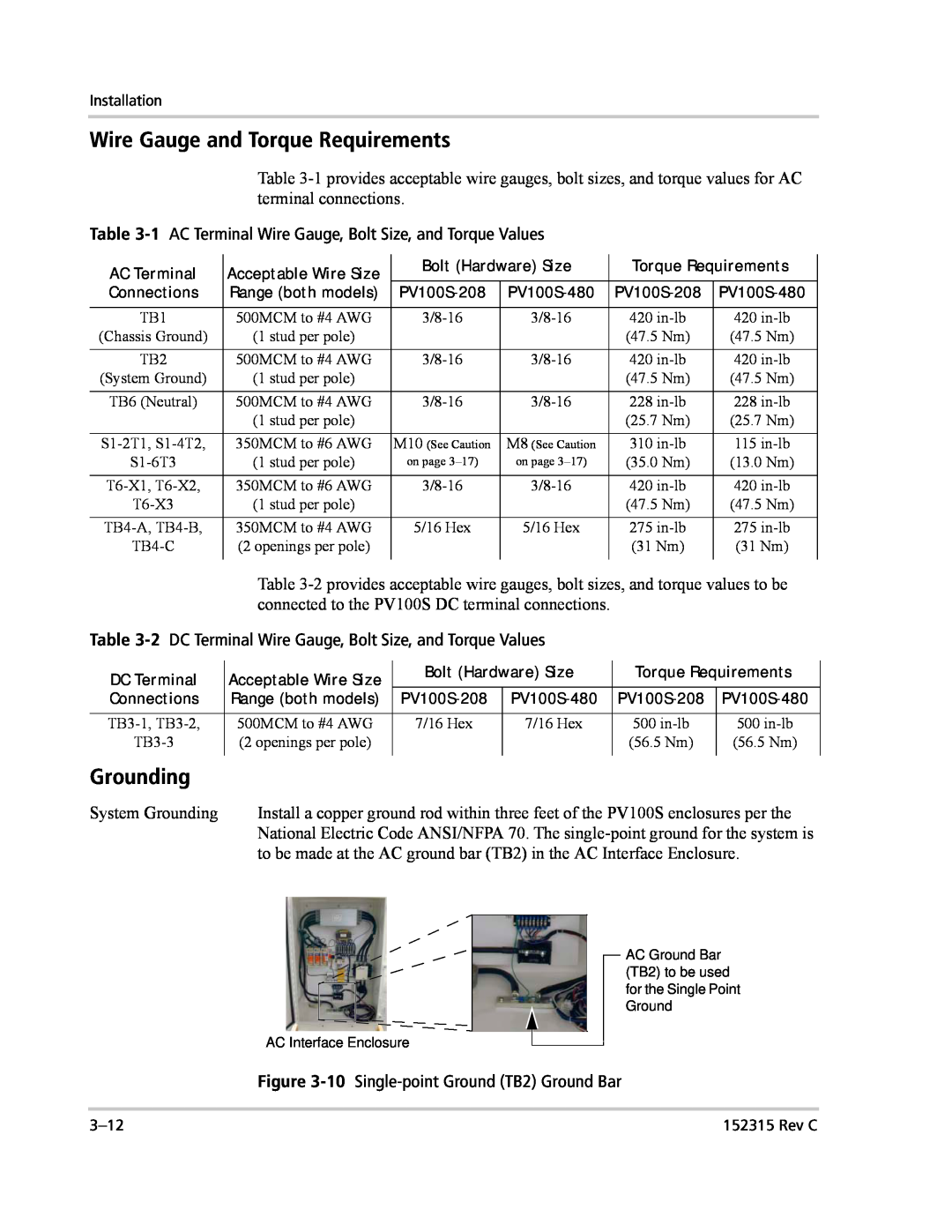 Xantrex Technology PV100S-480 installation manual Wire Gauge and Torque Requirements, Grounding 