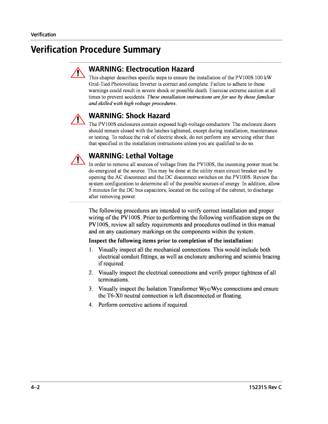 Xantrex Technology PV100S-480 Verification Procedure Summary, WARNING Electrocution Hazard, WARNING Shock Hazard 